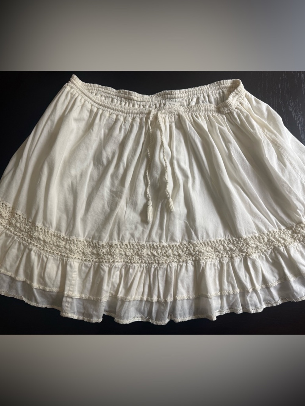 Ann Taylor LOFT White Linen Tiered Lined  Boho Skirt - Size L  Adjustable Waist